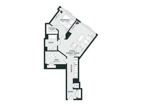Floor plan for 1 bed, 1 bath, 811 sqft